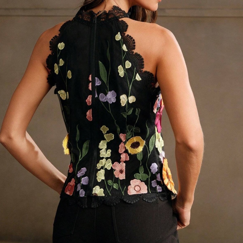 Classic Boho Pastel Floral Applique Scallop Lace Halter Tank Top - Picture 6 of 10